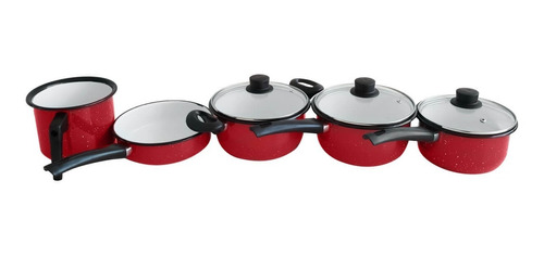 Conjunto de Panelas Esmaldado Vermelha 1 Cacarola n-18 + 1Panela n- 16 + 1 Panela n-18 + 1 Frigideira n-18 + 1 Canecao n- 14.